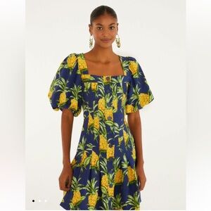 NWT FARM Rio Delicate Pineapple Navy Linen Mini Dress Puff Sleeves Size M Medium